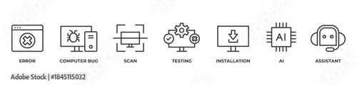 AI-Powered Support Icons set vector illustration outline with Error, Computer bug, Scan, Testing, Installation, Ai, Assistant