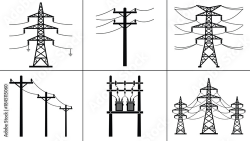 Collection of Electrical Transmission Towers and Utility Poles with Transformers Keywords: electricity, power, transmission