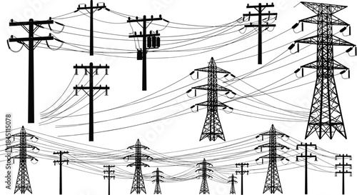 Collection of black silhouette electricity pylons and utility poles with wires power transmission