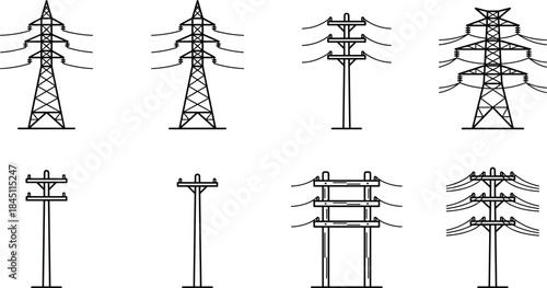 Collection of line art illustrations of various electricity transmission towers and utility poles power line
