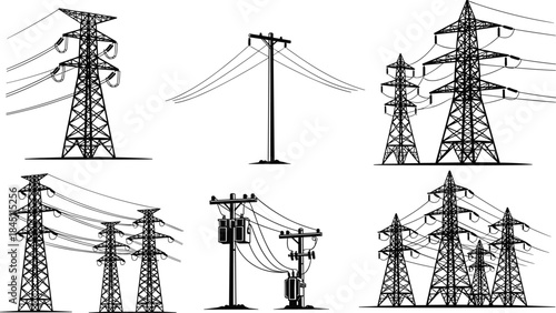Collection of Electricity Transmission Towers and Utility Poles Keywords: power line, electricity, transmission tower, pylon