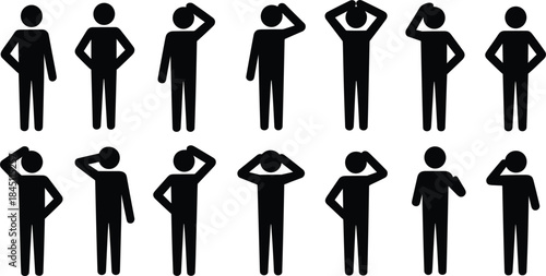 Stick Figure Poses Showing Confusion and Thought on White Background Keywords: stick figure, person, man, woman, pose, gesture