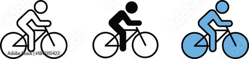 Three icons of a cyclist on a bicycle in different styles on a white background bike cycling