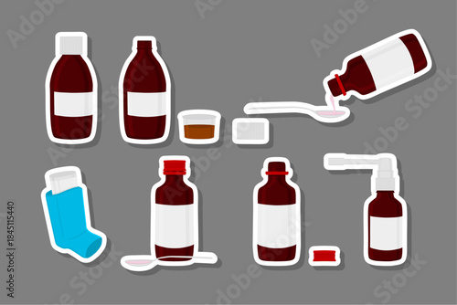 Big colored set different types of sprayers in vial