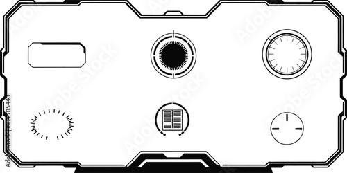 futuristic control panel interface with dials buttons and technology indicators, vector illustration