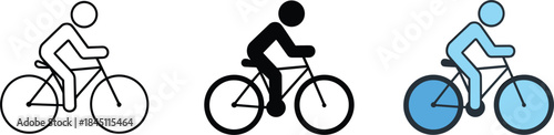 Three stylized icons of a person riding a bicycle in different styles Keywords: bicycle, cycling, icon, sport, transportation