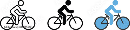 Three stylized icons of a person riding a bicycle in different styles Keywords: bicycle, cycling, icon, sport, transportation