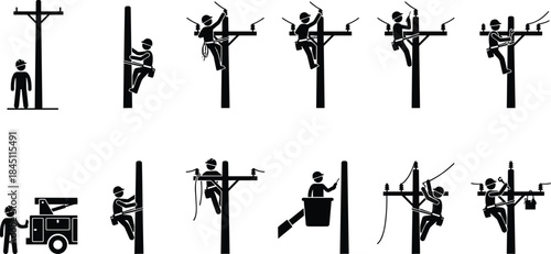 Electrician Silhouettes Working on Utility Poles and with Truck Keywords: electrician, lineman, utility pole, power line