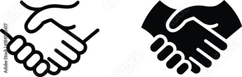 Two stylized handshake icons, one outlined and one solid black agreement deal
