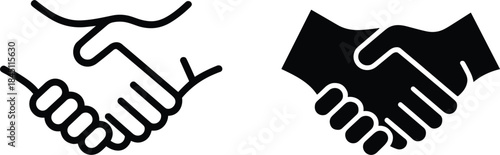 Two stylized handshake icons, one outlined and one solid black agreement deal