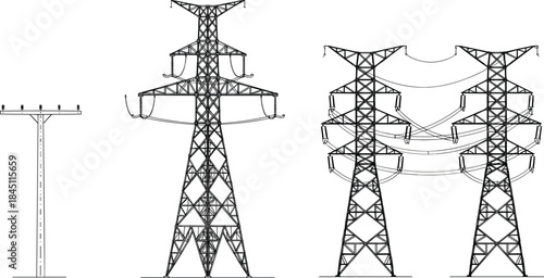 Line drawing comparison of electricity transmission towers and utility pole power pylon