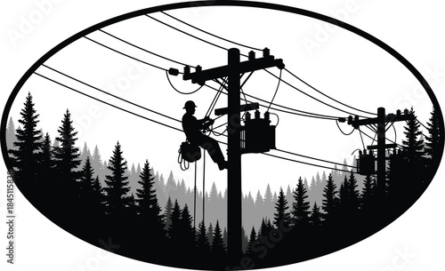 Lineman silhouette working on power pole with transformer and forest background Keywords: lineman, power line worker