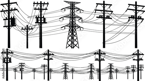 Multiple Electrical Transmission Towers and Utility Poles with Transformers and Wires Keywords: electricity, power, transmission