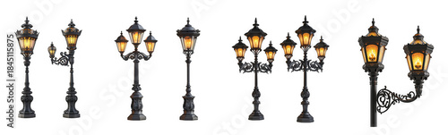 A collection of ornate vintage street lamps and lanterns digitally rendered isolated on transparent background
