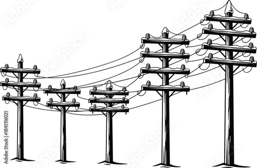 Power poles with snow-covered insulators and wires in a line Keywords: power pole, utility pole, electricity, transformer, wire