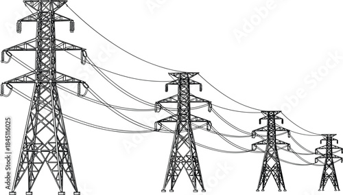 Power line transmission towers of decreasing size with cables against a white background Keywords: power line, electricity