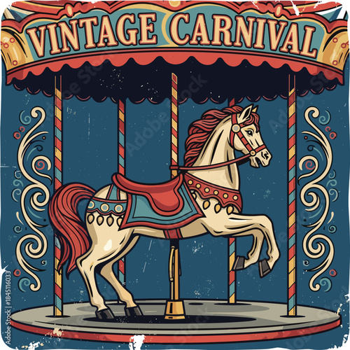 Vintage distressed vector illustration of a traditional carnival carousel horse with ornate details and retro style, symbolizing classic amusement park rides, nostalgia, and fair event entertainment