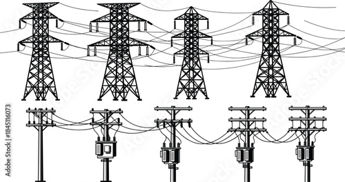 Rows of Electrical Transmission Towers and Utility Poles with Transformers and Wires Keywords: electricity, power, transmission