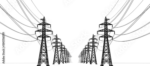 Rows of high-voltage transmission towers with wires receding into distance Keywords: transmission tower, electricity, power line