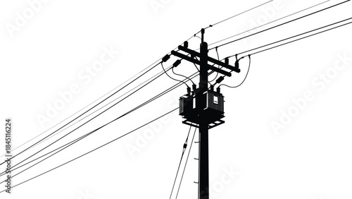 Silhouette of a power pole with transformer and overhead electrical wires electricity power line