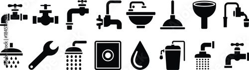 plumbing icons collection for bathroom and kitchen including sinks faucets and showers, vector illustration