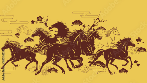 Galloping Horses Illustration with Traditional Japanese Art Elements on Golden Yellow Background