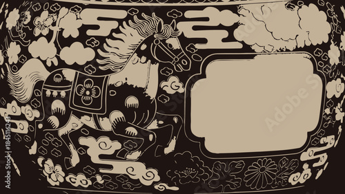 Traditional Japanese Horse Pattern, Galloping Horse Illustration with Clouds and Floral Elements, Decorative Frame