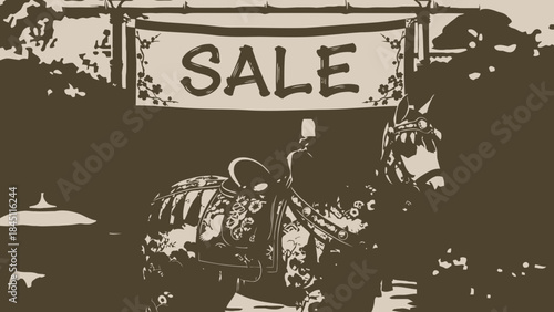 SALE Sign Advertising Decorated Donkey Figure at Outdoor Stall, Sepia Tone Illustration
