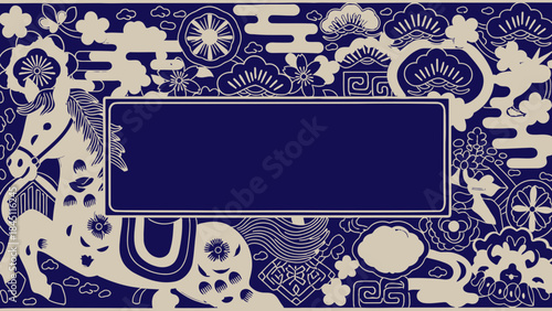 Traditional Japanese New Year Background with Horse Pattern, Indigo Blue Frame, and Auspicious Symbols