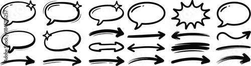 comic style speech bubbles and dynamic arrows hand drawn elements set, vector illustration