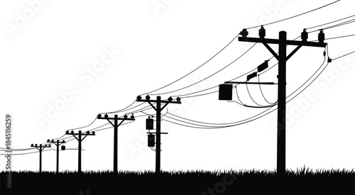 Silhouette of a Row of Utility Poles with Transformers and Power Lines on White Background Keywords: utility pole, power line