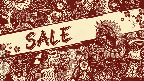 Sale Banner with Traditional Asian Horse and Intricate Red Gold Patterns Vector