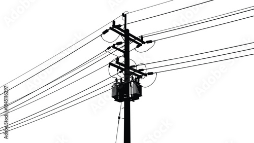 Silhouette of a Utility Pole with Transformer and Power Lines Keywords: utility pole, transformer, power line, electricity