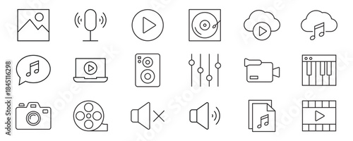 Content line icons set. Audio and Video line icons set. Containing Music, camera, microphone, webcam, cinema, and more. Vector illustration	