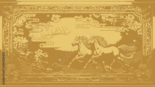 Chinese Horses Galloping in Golden Ornate Traditional Art Illustration