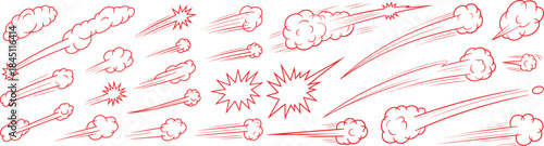 comic explosion effects set in red for dynamic action and impact design, vector illustration