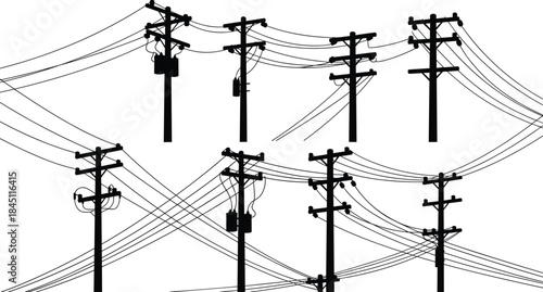 Silhouette of eight electricity poles with wires and transformers on a white background power utility