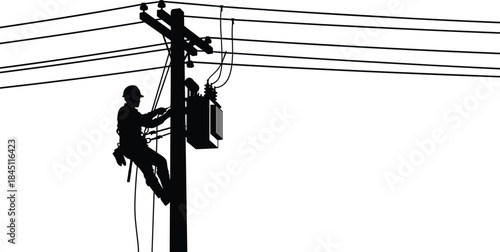 Silhouette of an electrician working on a power line transformer on a pole Keywords: electrician, power line, utility worker