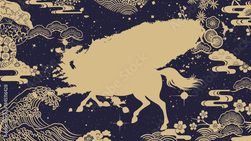 Ukiyo-e Style Running Horse Silhouette on Traditional Japanese Pattern Background
