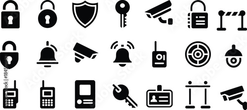 black security icons collection representing safety protection and privacy concepts, vector illustration