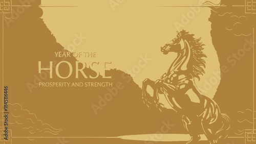 Golden Year of the Horse Rearing Silhouette Illustration for Chinese New Year