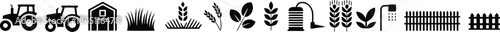 agricultural farm icons collection in black and white with tractors barns and crops, vector illustration