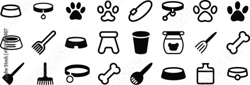 pet care icons collection with grooming tools accessories and animal supplies, vector illustration