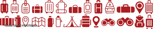 red travel and tourism icons collection on white background, vector illustration