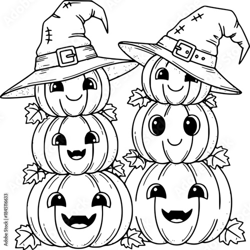 Halloween Pumpkin Duo: Delightful cartoon pumpkins in witch hats, stacked artfully, ready to bring smiles and spooky cheer. Christmas style, Christmas eve, and Christmas day.