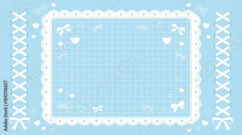 白いレースとリボンの可愛いフレームイラスト、水色の背景