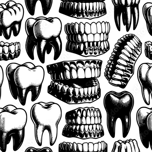 Dental Harmony: A graphic display of intricate dental anatomy, showcasing teeth in various forms and arrangements against a stark background. A captivating blend of art and anatomy. 