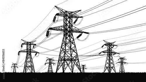 Silhouette of multiple high voltage electricity pylons against a white background and grass power transmission