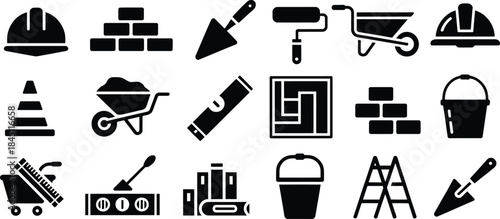 construction tools and equipment icons set in black for building and renovation, vector illustration
