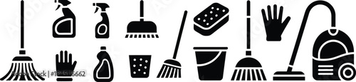 modern cleaning service icons collection in minimalist black style, vector illustration